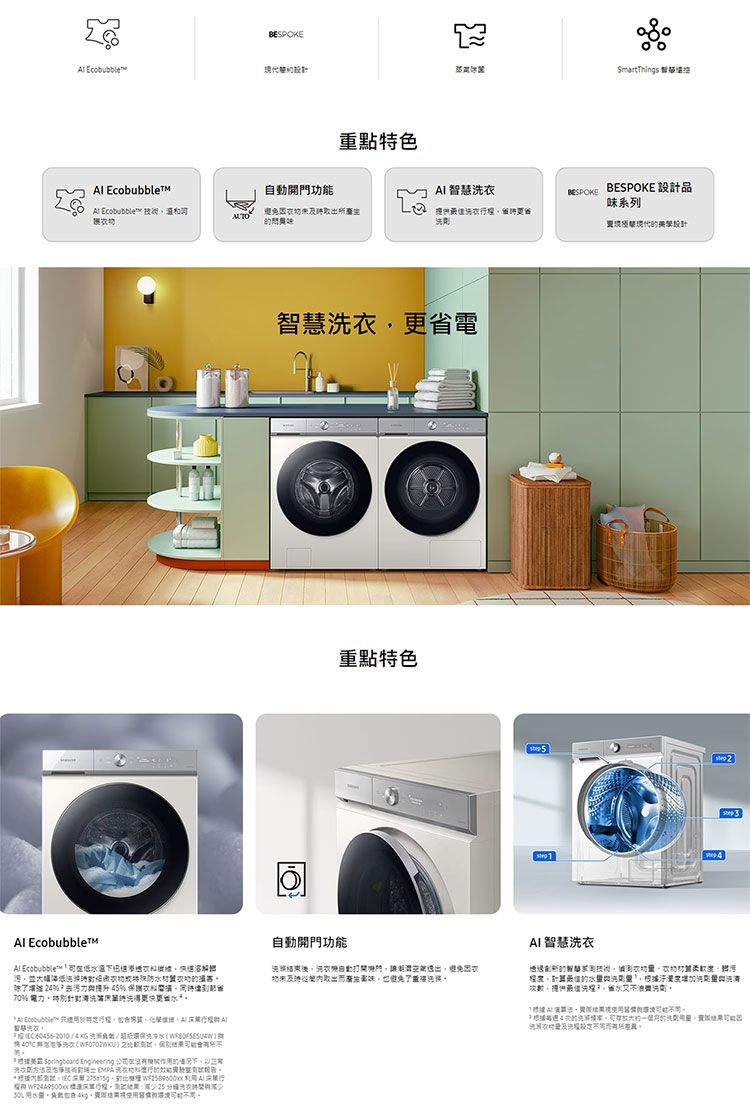 BESPOKE Ecobubble點色SmartThings  Ecobubble開功能I智慧BESPOKEBESPOKE 設計品系列 Ecobubble 技術UTO問提供衣智慧省電重點特色 5  4  Ecobubble Ecobubble™ 溶防除45%70% 電力更  ™ 只A衣   下 的*保  A 252自動開門功能衣自動打開門特取出了重AI 智慧衣值的洗增加次數提供最值洗解水浪費洗,使用洗