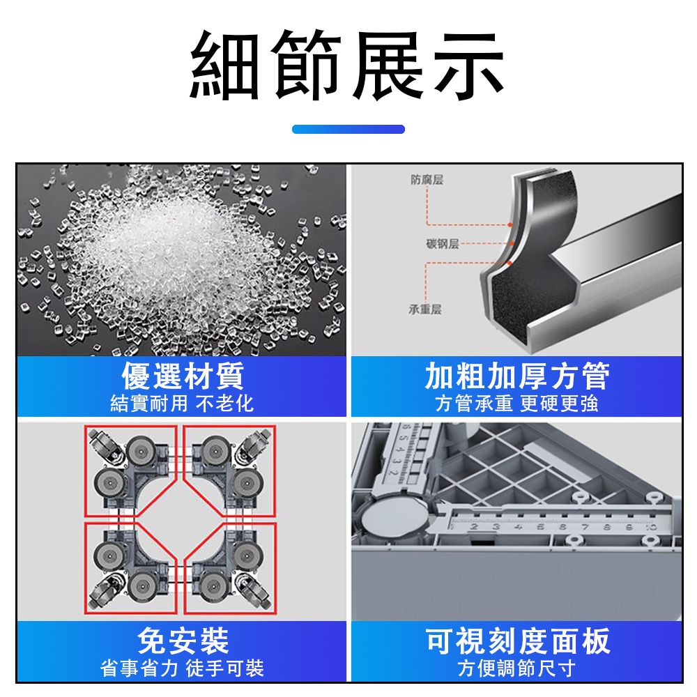 細節展示優選材質結實耐用 不老化免安裝省事省力 徒手可裝防腐层碳钢层承重层加粗加厚方管方管承重 更硬更強 7  可視刻度面板方便調節尺寸