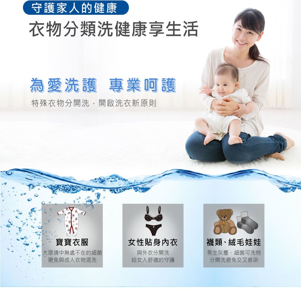守護家人的健康衣物分類洗健康享生活為愛洗護 專業呵護特殊衣物分開洗,開啟洗衣新原則寶寶衣服女性貼身、絨毛娃娃大環境中無處不在的細菌避免與成人衣物混洗與外衣分開洗給女人舒適的守護易生灰塵、細菌可洗物分開洗避免交叉感染