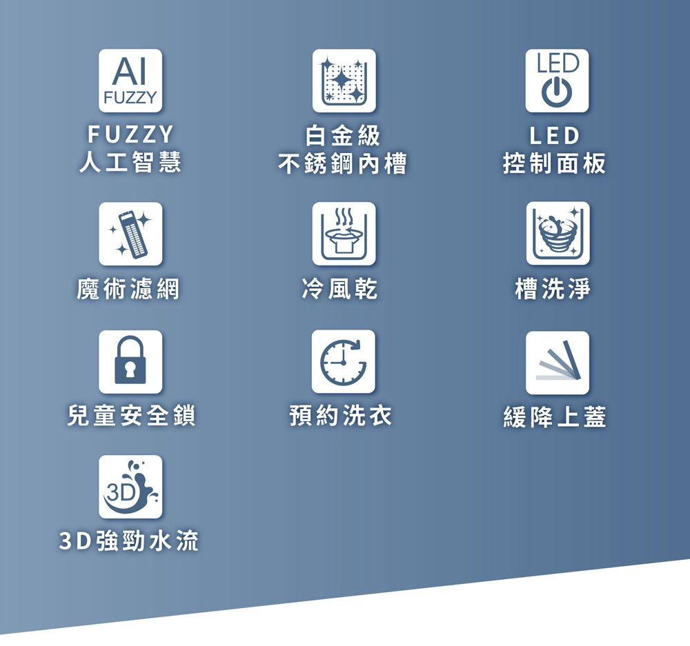 FZZYFUZZY白金級LEDULED人工智慧不銹鋼槽控制面板魔術濾網冷風乾槽洗淨兒童安全鎖預約洗衣緩降上蓋3D3D強勁水流