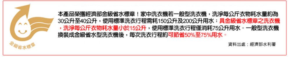 省水本產品榮獲經濟部金級省水標章!家中洗衣機若一般型洗衣機,洗淨每公斤衣物耗水量約為30公升至40公升,使用標準洗衣行程需耗150公升及200公升用水:具金級省水標章之洗衣機,洗淨每公斤衣物耗水量小於15公升,使用標準洗衣行程僅消耗75公升用水。一般型洗衣機換裝成金級省水型洗衣機後,每次洗衣行程約可節省50%至75%用水。資料出處:經濟部水利署