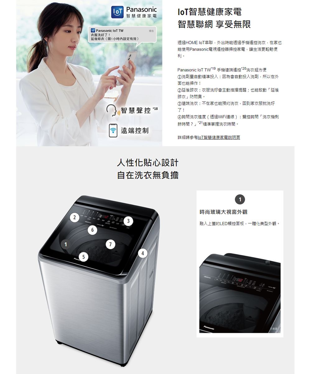 Panasonic健康家電Panasonic  TW衣服洗好了!延後晾衣(小時內設定有效)智慧健康家電智慧聯網 享受無限透過HOME 串聯,外出時能透過手機遙控洗衣,在家也能使用Panasonic電視遙控器操控家電,讓生活更輕鬆便利。Panasonic loT TW19 手機遠端遙控 20洗衣超方便①洗劑量自動精準投入:因為會自動投入洗劑,所以在外面也能操作!②延後晾衣:衣服洗好會主動推播提醒;也能啟動延後晾衣防悶臭。③遠端洗衣:不在家也能預約洗衣,回到家衣服就洗好了!④詢問洗衣進度(透過WiFi連線):聲控詢問「洗衣機剩餘時間?」 21精準掌握洗衣時間。智慧聲控 *遠端控制詳細請參考智慧健康家電說明頁2人性化貼心設計自在洗衣無負擔15671時尚玻璃大外觀融入上蓋的LED觸控面板,一體化美型外觀。34
