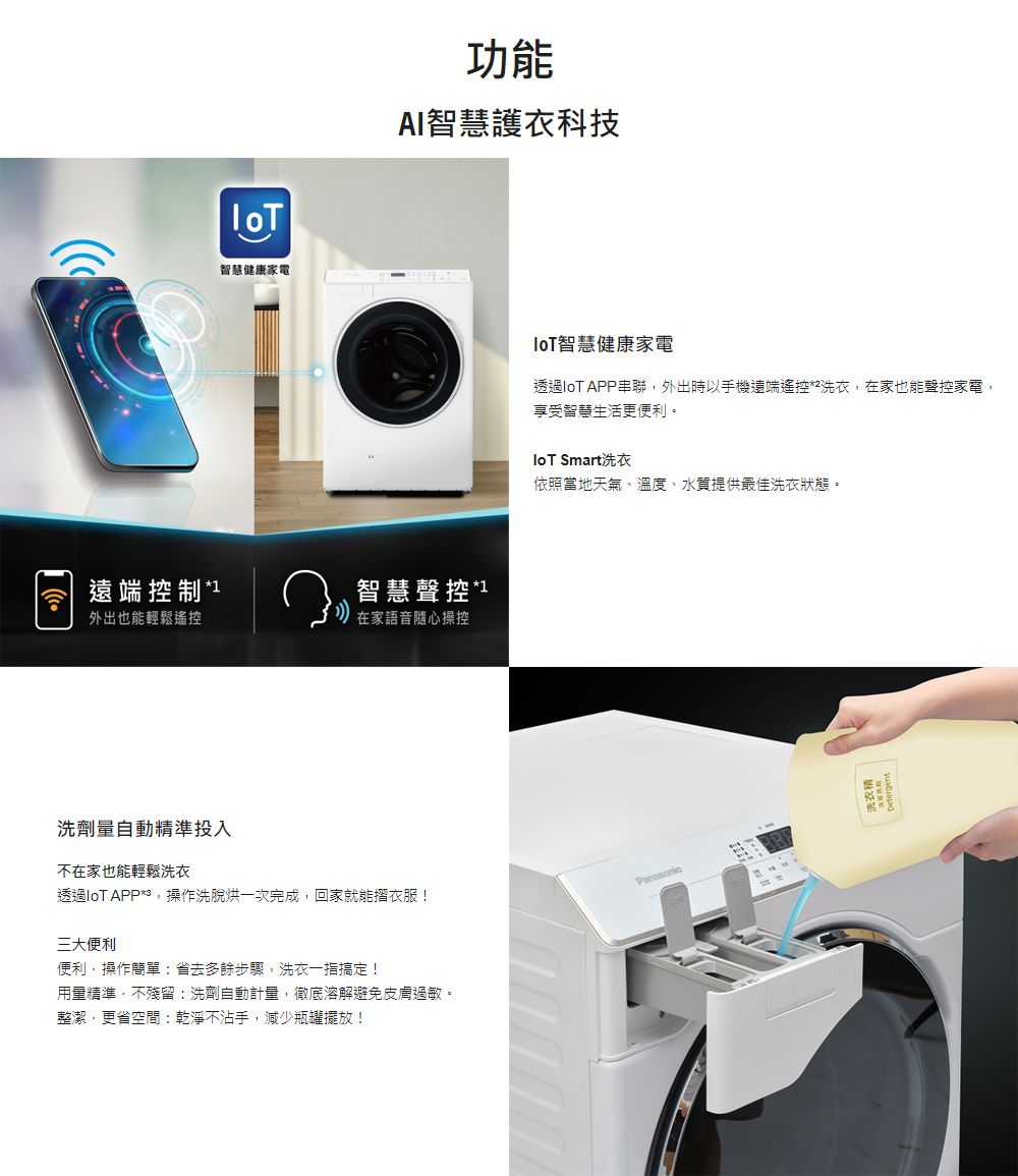 功能AI智慧護衣科技智慧健康家電遠端控制智慧聲控1外出也能輕鬆遙控在家語音隨心操控洗劑量自動精準投入不在家也能輕鬆洗衣透過 *操作洗脫烘一次完成回家就能摺衣服!三大便利便利,操作簡單省去多餘步驟,洗衣一指搞定!用量精準,不殘留:洗劑自動計量,徹底溶解避免皮膚過敏。整潔,更省空間:乾淨不沾手,減少瓶罐擺放!智慧健康家電透過 APP串聯,外出時以手機遠端遙控*洗衣,在家也能聲控家電,享受智慧生活更便利。 Smart洗衣依照當地天氣、溫度、水質提供最佳洗衣狀態。洗衣精Detergent