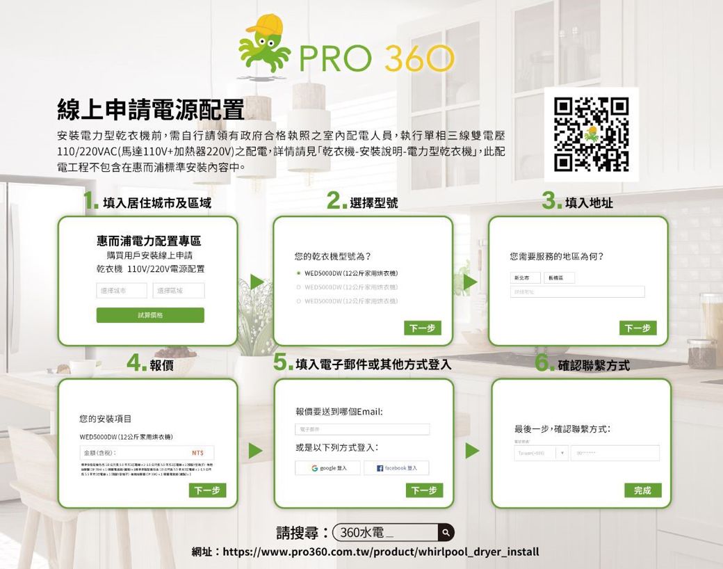 PRO 360線上申請電源配置安裝電力型乾前需自行請領有政府合格執照之室內配電人員,執行單相三線雙電壓110/220VC(馬達110V+加熱器220V之配電,詳情請見乾-安裝說明-電力型乾衣,此配電工程不包含在惠而浦標準安裝內容中。填入居住城市及惠而浦電力配置專區2.選擇型號3.填入地址購買用戶安裝線上申請乾衣 110V/220V電源配置選擇城市選擇區域您的乾衣機型號為? WED000DW(12公斤衣機 (12公斤衣機 (12公斤家用衣機您需要服務的地區為何?新北市試算價格下一步下一步4.報價5.填入電子郵件或其他方式登入確認聯繫方式您的安裝項目WED5000DW(12公斤家用衣機)報價要送到哪個Emil:金額(含稅):或是以下列方式登入:NTS5 登入 A下一步下一步最後一步,確認聯繫方式:請搜尋:(360a網址:https://www.pro360.com.tw/product/whirlpool_dryer_install完成