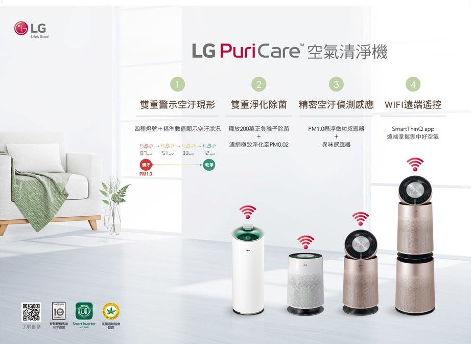 LG (口智慧 mart Inverter了解更多10LG PuriCare™空氣清淨機234雙重警示空現形雙重淨化除菌 精密空偵測 WIFI遠端遙控四種燈號精準數值顯示空狀況 釋放200萬正負離子除菌+PM10懸浮微粒感應器+SmartThinQ app遠端掌握家中好空氣濾網極致淨化至PM002異味感應器.S.12汙乾淨PM1.0