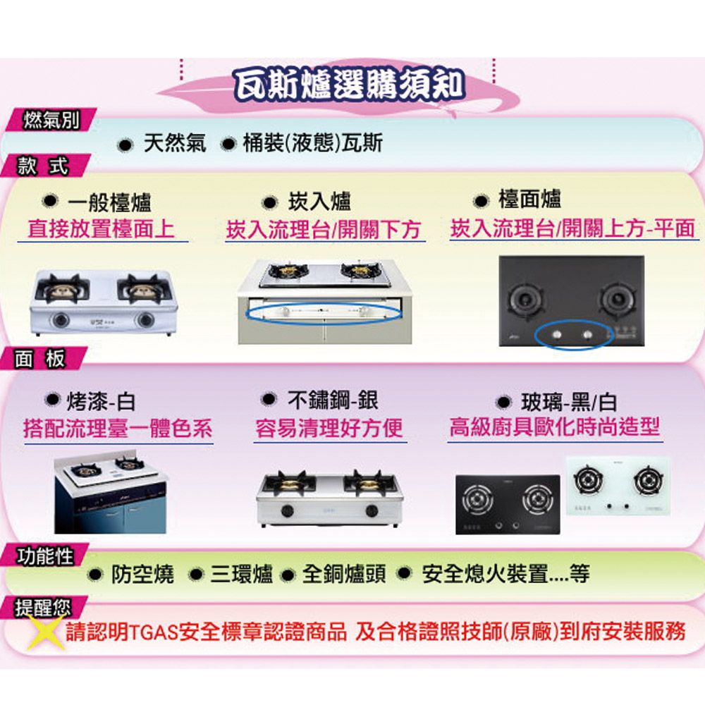 瓦斯爐選購須知燃氣別款式天然氣桶裝(液態)瓦斯一般檯爐崁入爐檯面爐直接放置檯面上崁入流理台/開關下方 崁入流理台/開關上方平面面板烤漆-白不鏽鋼-銀搭配流理臺一體色系容易清理好方便玻璃-黑/白高級廚具歐化時尚造型功能性防空燒 三環爐全銅爐頭 安全熄火裝置提醒您請認明TGAS安全標章認證商品 及合格證照技師(原廠)到府安裝服務