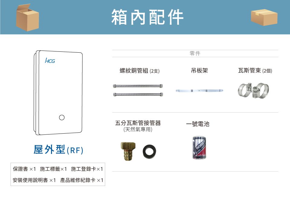 箱內配件零件HCG螺紋銅管組(2支)吊板架瓦斯管束(2個)屋外型(RF)保證書 1 施工標籤1 施工登錄卡安裝使用說明書 產品維修紀錄卡1五分瓦斯管接管器一號電池(天然氣專用)ROBOT