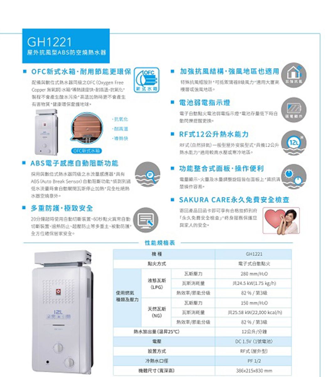 G1221風ABS 新耐用更FC xygen FreeCopper 酸污染更不產生環OFC 結構強風也特殊抗風地區加強 弱燈抗氧化子防電指示電池燒··快箱 ABS電子自阻斷水水感應ABS Auto Break Sensor功低水會停止完全水器空RF12公升RF型屋外安装型式具12公升水能適用較寒冷地區 功能整合式面板·便利電顯示火在面板操作容易 SAKURA CARE永久免费安全寄回產品合格「永久免费安全檢查保家人的安全 ·極致安全20分鐘動60秒動切裝置等多重防護。全方位確保居家安全。性能規格表G1221方式電子式點火力LPG消耗量使用燃氣熱節能280mmHO  1.75 kg壓力150 mmHO天然NG瓦斯消耗量熱能量(25電方式冷熱水口尺寸(高共(22,000 )82/12公升/分鐘(1號電池RF式() 1/2386x215x830 mm