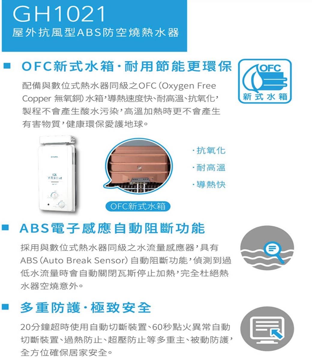 GH1021屋外抗風型ABS防空燒熱水器 OFC新式水箱耐用節能更環保配備與數位式熱水器同級之OFC (Oxygen FreeCopper 無氧銅)水箱導熱速度快、耐高溫、抗氧化製程不會產生酸水污染高溫加熱時更不會產生有害物質健康環保愛護地球。新式水箱抗氧化耐高溫 導熱快OFC新式水箱 ABS電子感應自動阻斷功能採用與數位式熱水器同級之水流量感應器,具有ABS (Auto Break Sensor) 自動阻斷功能,偵測到過低水流量時會自動關閉瓦斯停止加熱,完全杜絕熱水器空燒意外。 多重防護·極致安全20分鐘超時使用自動切斷裝置、60秒點火異常自動切斷裝置、過熱防止、超壓防止等多重主、被動防護,全方位確保居家安全。