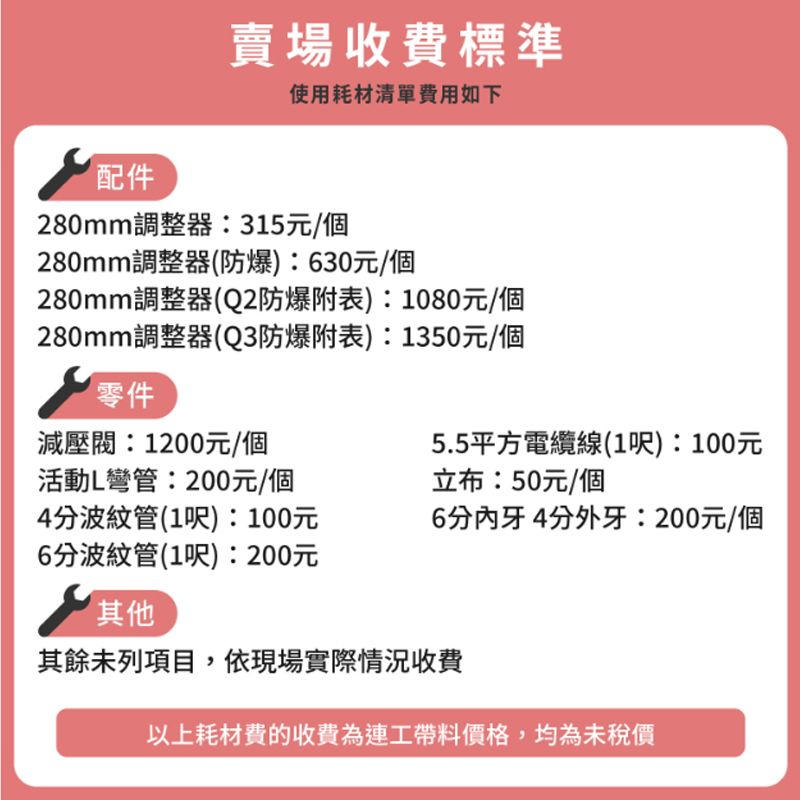 賣場收費標準使用耗材清單費用如下配件280mm調整器:315元/個280mm調整器(防爆):30元/個280mm調整器(Q2防爆附表):1080元/個280mm調整器(Q3防爆附表):1350元/個零件減壓閥:1200元/個活動L彎管:200元/個4分波紋管(1呎):100元6分波紋管(1呎):200元其他5.5平方電纜線(1呎):100元立布:50元/個6分內牙4分外牙:200元/個其餘未列項目,依現場實際情況收費以上耗材費的收費為連工帶料價格,均為未稅價