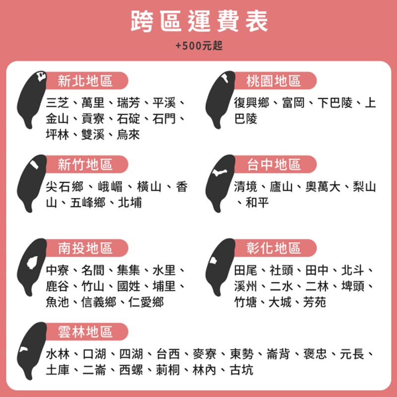 跨區運費表+500元起新北地區桃園地區三芝萬里、瑞芳、平溪、金山、貢寮、石碇、石門、坪林、雙溪、烏來復興鄉、富岡、下巴陵、上巴陵新竹地區尖石鄉、峨嵋、橫山、香山、五峰鄉、北埔南投地區中寮、名間、集集、里、鹿谷、竹山、國姓、埔里、魚池、信義鄉、仁愛鄉台中地區清境、廬山、奧萬大、梨山、和平彰化地區田尾、社頭、田中、北斗、溪州、二水、二林、埤頭、竹塘、大城、芳苑雲林地區水林、口湖、四湖、台西、麥寮、東勢、崙背、褒忠、元長、土庫、二崙、西螺、莿桐、林內、古坑