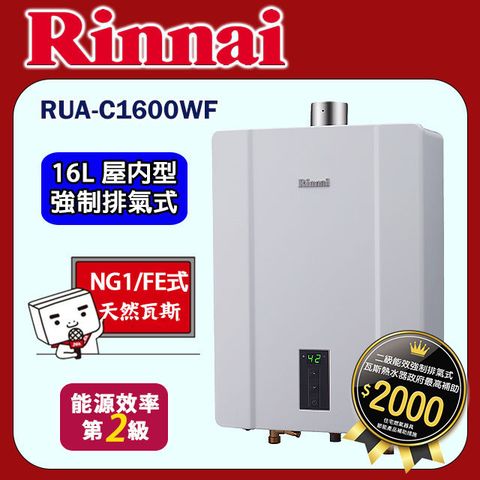 【Rinnai 林內】16L《屋內型》三段火排熱水器 RUA-C1600WF(天然瓦斯) ★全台安裝★