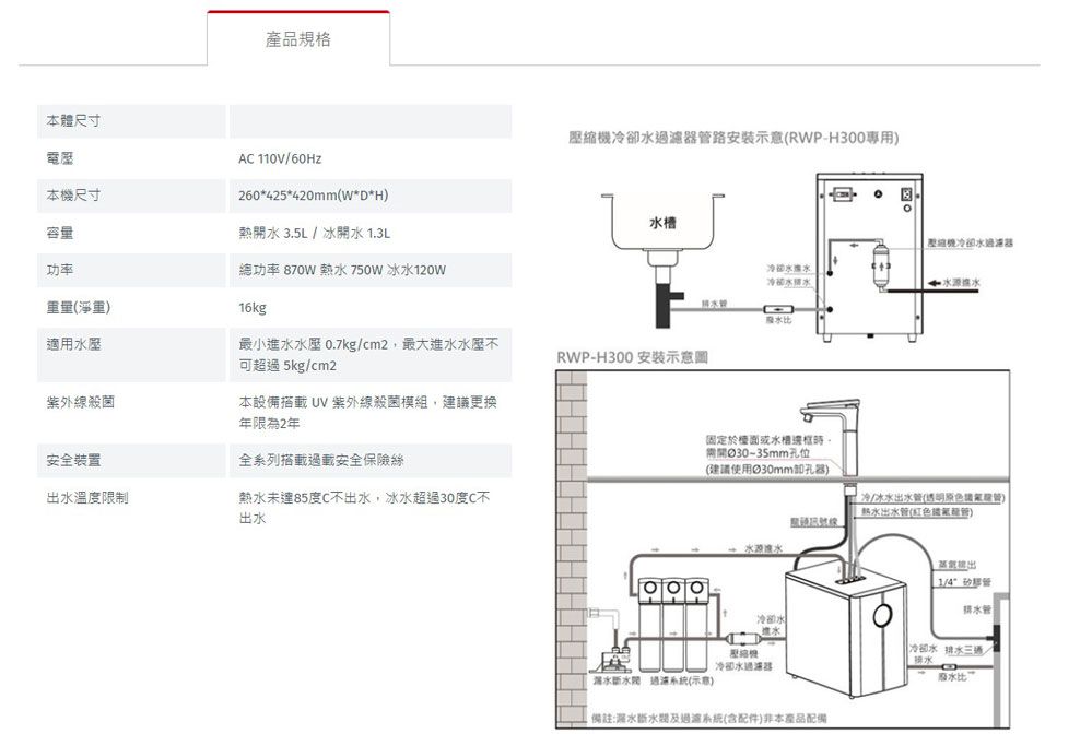 產品規格容量功率本體尺寸電壓本尺寸A 110V/60Hz260425*420mmW*D*H熱 3.5L / 冰開 1.3L總功率 870W 熱水 750W 冰水120w壓縮機冷卻水路安装示意(RWP-H300專用水槽壓縮機冷卻水冷 卻水冷卻水水*水源(淨重)適用水壓16kg廢水比最小進水水壓 0.7kg/cm2最大進水水壓可超5kg/cm2RWP-H300 安装示意圖紫外線殺菌本設備搭 UV 紫外線殺菌模組,建議更換年限為2年安全裝置全系列搭載過載安全保險絲出水溫度限制熱水未達85度C不出水,冰水超過30度C不出水固定於或水機,開30-35mm位(建議使用30mm卸孔器)冷/冰水出水()热水出(紅色管)線1/4管水管冷卻水冷卻水排水水冷卻水器廢水比混水 過濾系統(示意)備註:深水及過系統(含配件)本產品配備