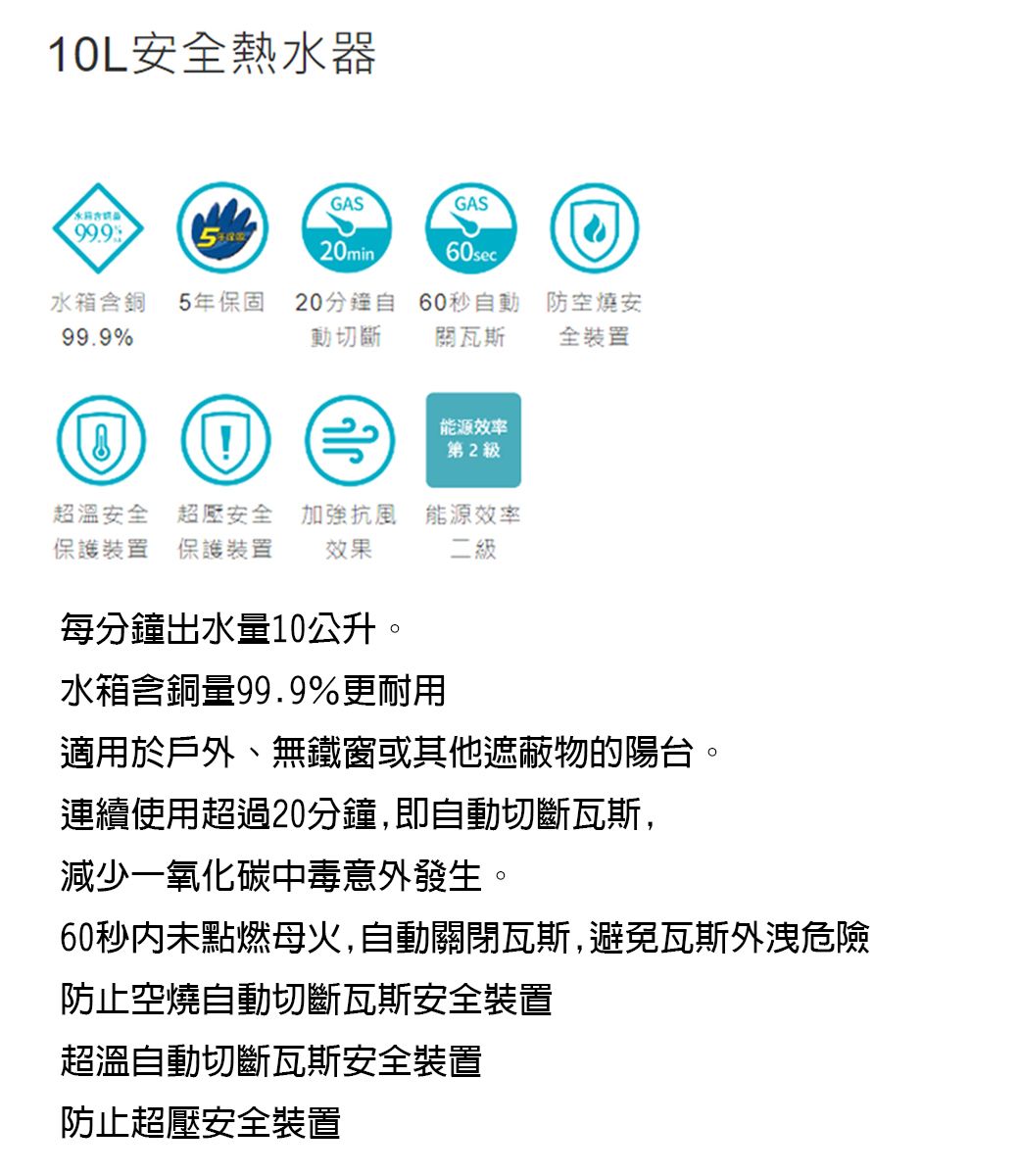 10L安全熱水器GASGAS99.920min60sec水箱含銅5年保固20分鐘99.9%動切斷60秒自動防空燒安關瓦斯全裝置①能源效率第2級超溫安全 超壓安全保護裝置 保護裝置加強效果能源效率二級每分鐘出水量10公升。水箱含銅量99.9%更耐用適用於戶外、無鐵窗或其他遮蔽物的陽台。連續使用超過20分鐘,即自動切斷瓦斯,減少一氧化碳中毒意外發生。60秒内未點燃母火,自動關閉瓦斯,避免瓦斯外洩危險防止空燒自動切斷瓦斯安全裝置超溫自動切斷瓦斯安全裝置防止超壓安全裝置