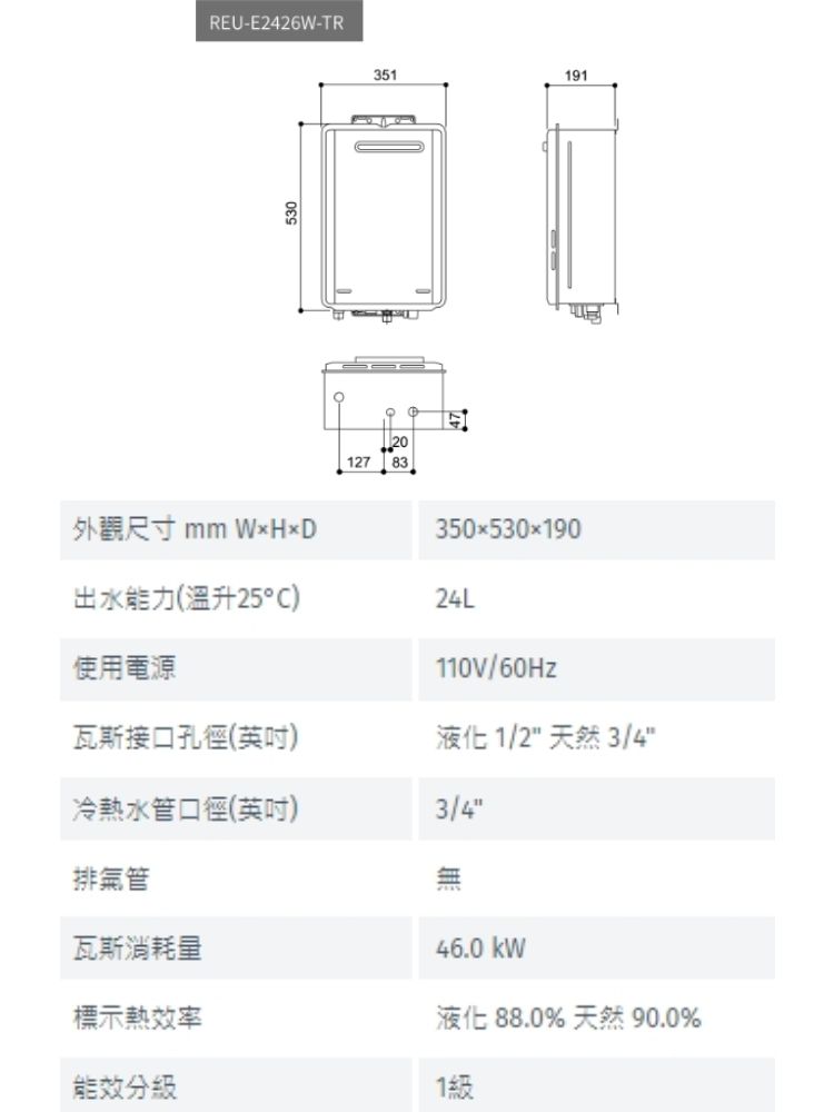 REU-E2426W-TR5303512012783191外觀尺寸 mm WHD出水能力(溫升25°C)使用電源350x530x19024L110V/60Hz瓦斯接口孔徑(英吋)液化 1/2 天然 3/4冷熱水管口徑(英吋)3/4排氣管瓦斯消耗量標示熱效率46.0 kW液化 88.0% 天然 90.0%能效分級1級