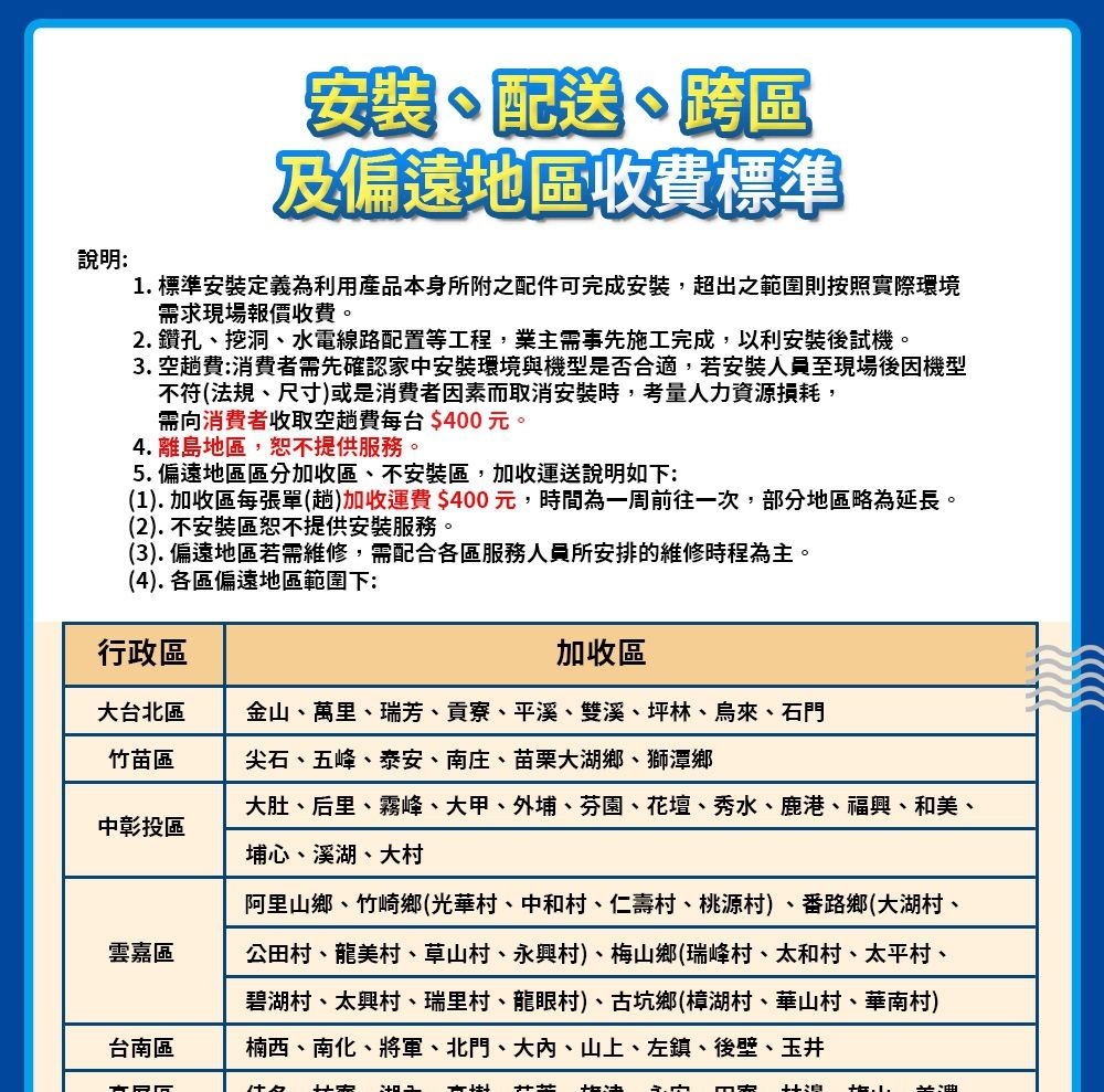 說明安裝、配送、跨區及偏遠地區收費標準1. 標準安裝定義為利用產品本身所附之配件可完成安裝,超出之範圍則按照實際環境需求現場報價收費。2. 鑽孔、挖洞、水電線路配置等工程,業主需事先施工完成,以利安裝後試機。3.空趟費:消費者需先確認家中安裝環境與機型是否合適,若安裝人員至現場後因機型不符(法規、尺寸)或是消費者因素而取消安裝時,考量人力資源損耗,需向消費者收取空趟費每台$400元。4.離島地區,恕不提供服務。5. 偏遠地區區分加收區、不安裝區,加收運送說明如下:(1).加收區每張單(趟加收運費$400元,時間為一周前往一次,部分地區略為延長。(2).不安裝區恕不提供安裝服務。(3).偏遠地區若需維修,需配合各區服務人員所安排的維修時程為主。(4).各區偏遠地區範圍下:加收區行政區大台北區金山、萬里、瑞芳、貢寮、平溪、雙溪、坪林、烏來、石門竹苗區尖石、五峰、泰安、南庄、苗栗大湖鄉、獅潭鄉中彰投區大肚、后里、霧峰、大甲、外埔、芬園、花壇、秀水、鹿港、福興、和美、埔心、溪湖、大村阿里山鄉、竹崎鄉(光華村、中和村、仁壽村、桃源村)、番路鄉(大湖村、雲嘉區公田村、龍美村、草山村、永興村)、梅山鄉(瑞峰村、太和村、太平村、碧湖村、太興村、瑞里村、龍眼村)、古坑鄉(樟湖村、華山村、華南村)台南區楠西、南化、將軍、北門、大、山上、左鎮、後壁、玉井