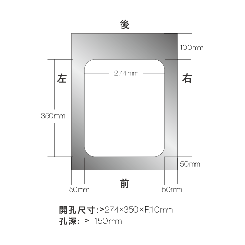 後100mm274mm左右350mm50mm 50mm50mm開孔尺寸274350孔深: 150mm