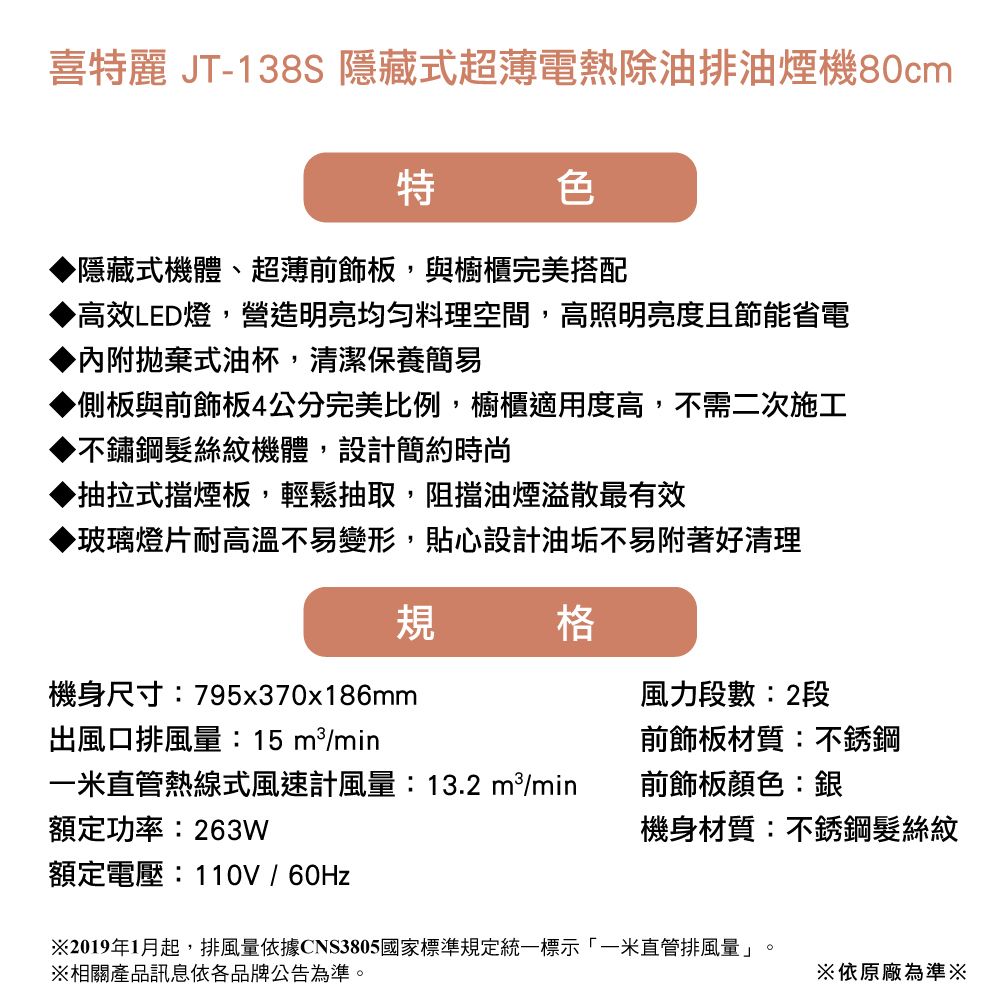 喜麗 JT-138S 隱藏式超薄電熱除油排油煙機80cm特色▶隱藏式機體、超薄前飾板,與櫥櫃完美搭配▶高效LED燈,營造明亮均匀料理空間,高照明亮度且節能省電▶拋棄式油杯,清潔保養簡易▶側板與前飾板4公分完美比例,櫥櫃適用度高,不需二次施工▶不鏽鋼髮絲紋機體,設計簡約時尚▶抽拉式擋煙板,輕鬆抽取,阻擋油煙溢散最有效▶玻璃燈片耐高溫不易變形,貼心設計油垢不易附著好清理規格機身尺寸:795x370x186mm風力段數:2段出風口排風量:15 m/min前飾板材質:不銹鋼一米直管熱線式風速計風量:13.2 m/min前飾板顏色:銀額定功率:263W機身材質:不銹鋼髮絲紋額定電壓:110V/60Hz※2019年1月起,排風量依據CNS3805國家標準規定統一標示「一米直管排風量」※相關產品訊息依各品牌公告為準。※依原廠為準※