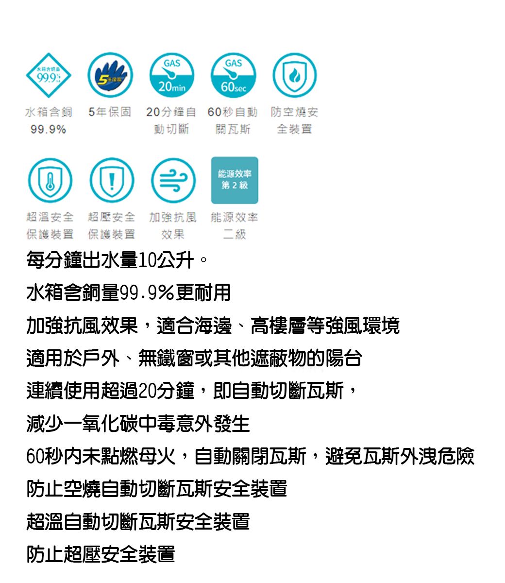 GASGAS99.920min60sec水箱含銅5年保固20分鐘99.9%動切斷60秒自動防空燒安關瓦斯全裝置能源效率第2級超溫安全 超壓安全保護裝置 保護裝置加強能源效率效果二級每分鐘出水量10公升。水箱含銅量99.9%更耐用加強抗風效果,適合海邊、高樓層等強風環境適用於戶外、無鐵窗或其他遮蔽物的陽台連續使用超過20分鐘,即自動切斷瓦斯,減少一氧化碳中毒意外發生60秒内未點燃母火,自動關閉瓦斯,避免瓦斯外洩危險防止空燒自動切斷瓦斯安全裝置超溫自動切斷瓦斯安全裝置防止超壓安全裝置