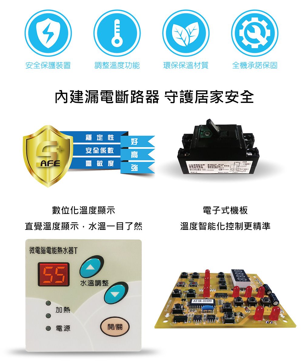 安全保護裝置調整溫度功能環保保溫材質全機承諾保固內建漏電斷路器 守護居家安全穩定性好安全係數高AFE靈敏度強數位化溫度顯示電子式機板直覺溫度顯示,水溫一目了然溫度智能化控制更精準微電腦電能熱水器T水溫調整加熱 電源開/關ATIR-10109