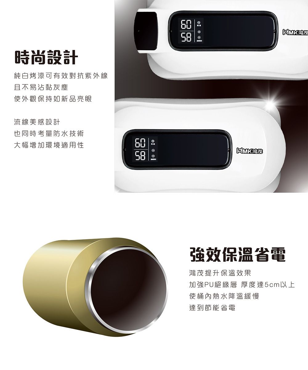 時尚設計純白烤漆可有效對抗紫外線且不易沾黏灰塵使外觀保持如新品亮眼流線美感設計也同時考量防水技術大幅增加環境適用性6580 MK鴻58鴻茂強效保溫省電鴻茂提升保溫效果加強PU絕緣層厚度達5cm以上使桶內熱水降溫緩慢達到節能省電