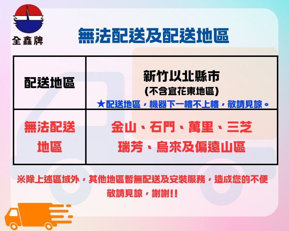 全鑫牌無法配送及配送地區新竹以北縣市配送地區★配送地區機器下一樓不上樓敬請見諒(不含宜花東地區)無法配送地區金山、石門、萬里、三芝瑞芳、烏來及偏遠山區※除上述區域外其他地區暫無配送及安裝服務,造成您的不便敬請見諒,謝謝!!