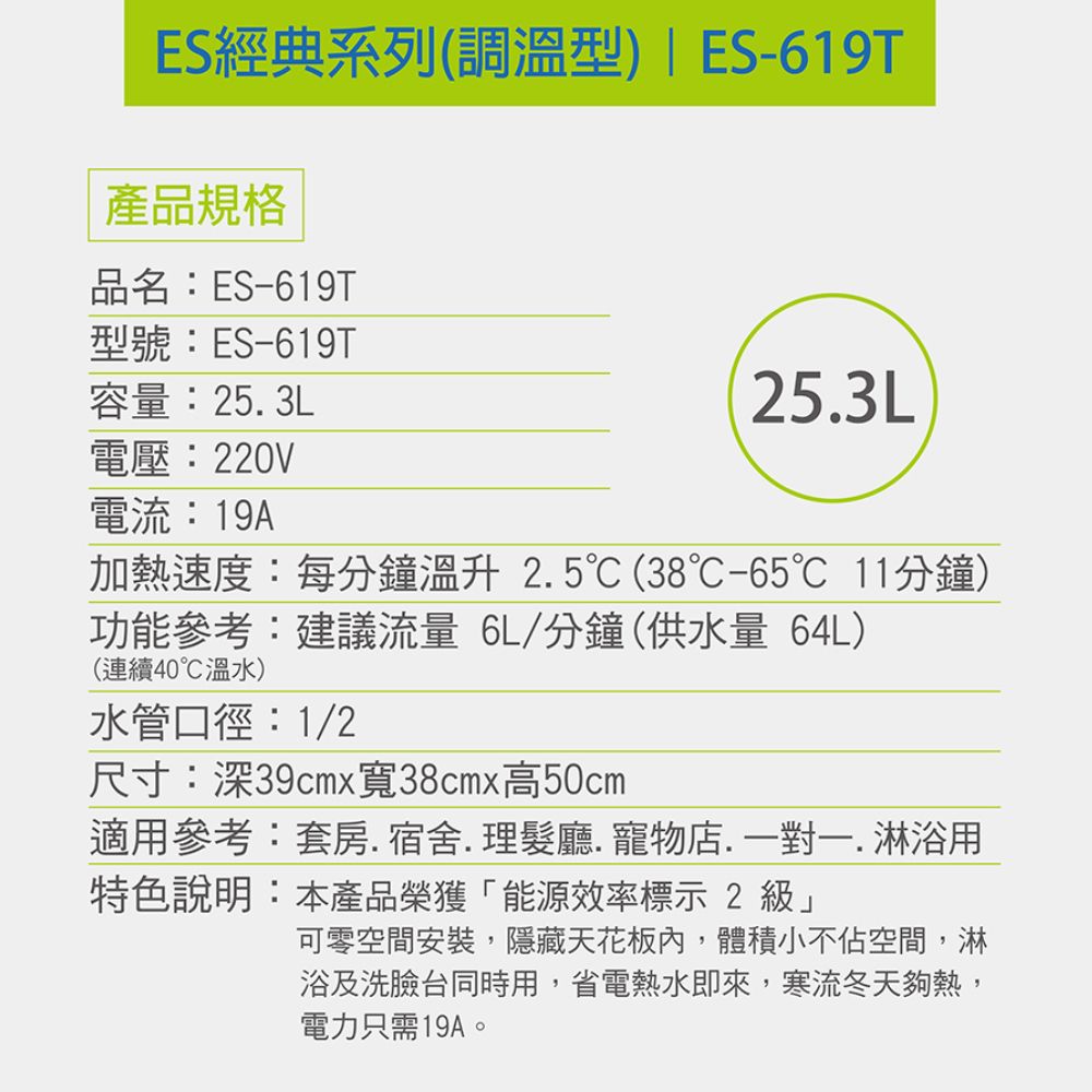 ES經典系列(調溫型)|ES-619T產品規格品名:ES-619T型號:ES-619容量:25. 3L電壓:220V25.3L電流:19A加熱速度:每分鐘溫升2.5(38-65 11分鐘)功能參考:建議流量 6L/分鐘(供水量 64L)(連續40溫水)水管口徑:1/2尺寸:深39cmx寬38cmx高50cm適用參考:套房.宿舍.理髮廳.寵物店.一對一.淋浴用特色說明:本產品榮獲能源效率標示 2 級可零空間安裝,隱藏天花板內,體積小不佔空間,淋浴及洗臉台同時用,省電熱水即來,寒流冬天夠熱,電力只需19A。