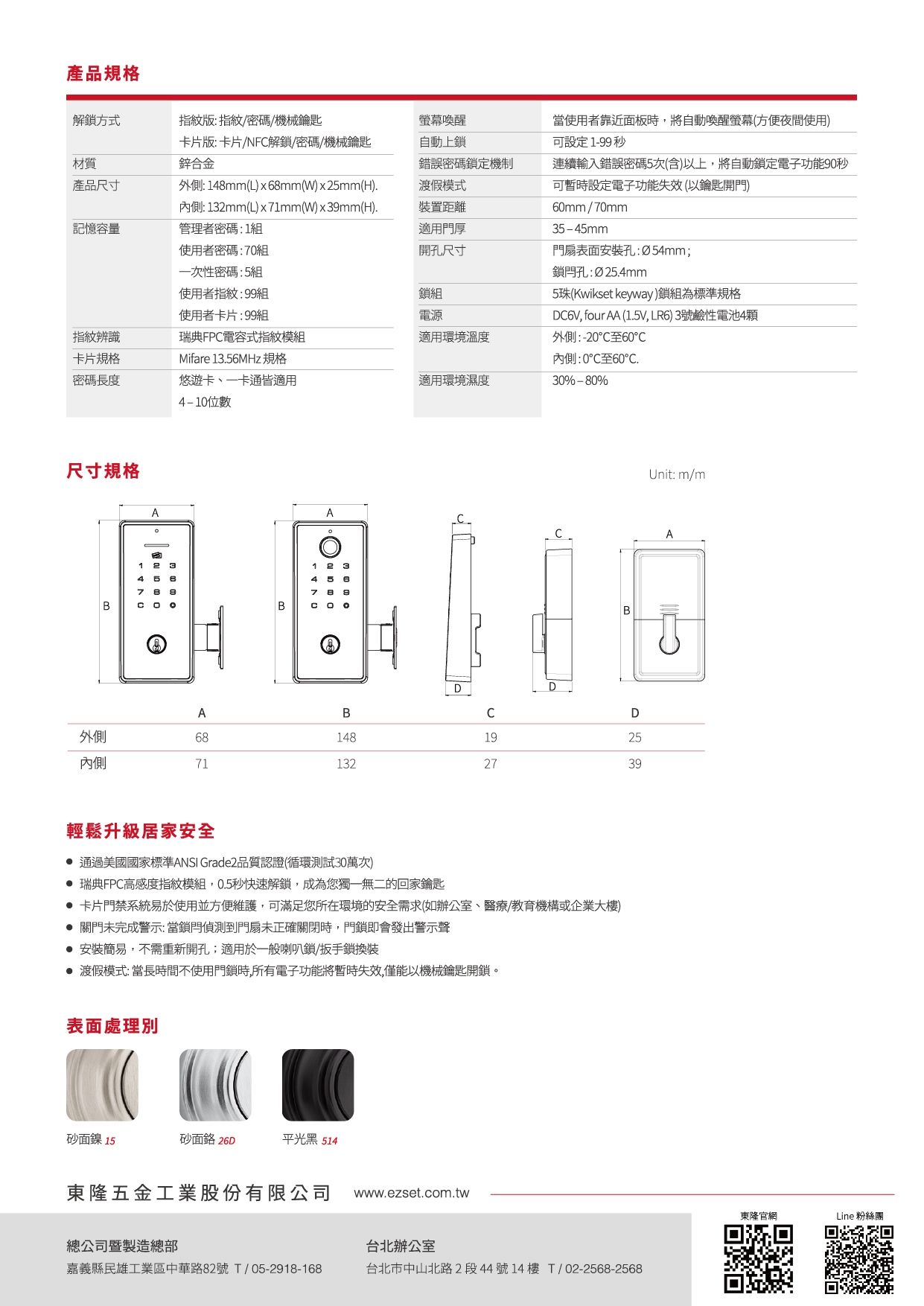 產品規格解鎖方式指紋版:指紋密碼/機械鑰匙材質卡片版:卡片/NF解鎖/密碼/機械鑰匙鋅合金螢幕喚醒自動上鎖當使用者靠近面板時,將自動喚醒螢幕(方便夜間使用可設定1-99秒產品尺寸記憶容量外側:148mm(L)x68mm(W)x25mm(H)內側: 132mm(L)x71mm(W)x39mm(H).管理者密碼:1組使用者密碼:70組錯誤密碼鎖定機制渡假模式連續輸入錯誤密碼5次(含)以上,將自動鎖定電子功能90秒裝置距離適用門厚開孔尺寸一次性密碼:5組使用者指紋:99組使用者卡片:99組鎖組電源指紋辨識瑞典FPC電容式指紋模組適用環境溫度可設定電子功能失效(以鑰匙開門)60mm/70mm35-45mm門扇表面安裝孔:Ø54mm;孔:Ø25.4mm5珠(Kwikset keyway)鎖組為標準規格, four AA (1.5V,LR6) 3號鹼性電池4顆外側:-20至60卡片規格Mifare 13.56MHz 規格內側:0至60.密碼長度悠遊卡一卡通皆適用4-10位數適用環境濕度30%-80%尺寸規格AABBDABCD外側681481925內側711322739輕鬆升級居家安全 通過美國國家標準ANSI Grade2品質認證(循環測試30萬次)• 瑞典FPC高感度指紋模組,0.5秒快速解鎖,成為您獨一無二的回家鑰匙 卡片門禁系統易於使用並方便維護,可滿足您所在環境的安全需求(如辦公室、醫療/教育機構或企業大樓) 關門未完成警示:當鎖門偵測到門扇未正確關閉時,門鎖即會發出警示聲 安裝簡易,不需重新開孔;適用於一般喇叭鎖/扳手鎖換裝 渡假模式:當長時間不使用門鎖時,所有電子功能將暫時失效,僅能以機械鑰匙開鎖。表面處理砂面鎳 15砂面 26D平光黑 514東隆五金工業股份有限公司 www.ezset.com.tw總公司暨製造總部台北辦公室嘉義縣民雄工業區中華路82號T/05-2918-168台北市中山北路2段44號14樓T/ 02-2568-2568Unit: m/mA東隆官網Line 粉絲團