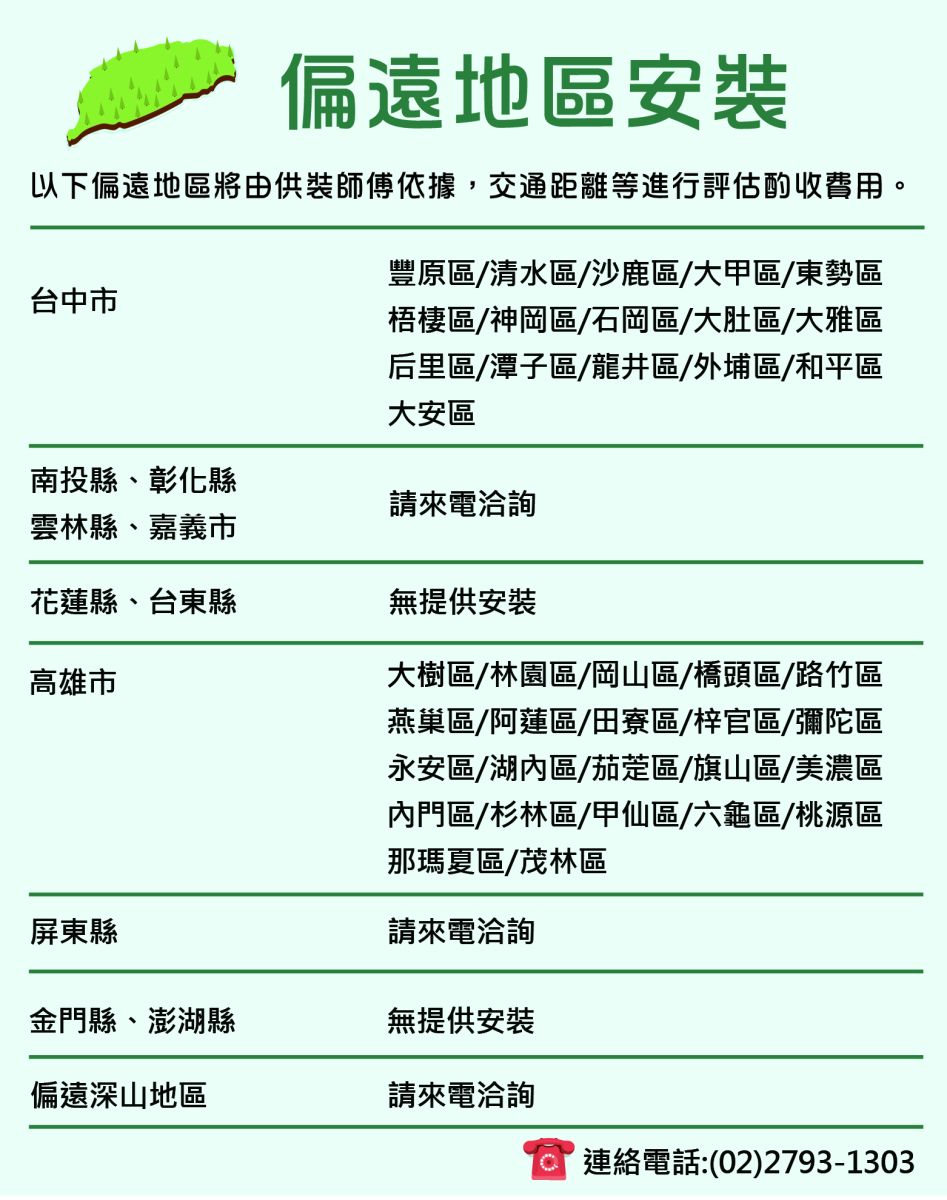 偏遠地區安裝以下偏遠地區將由供裝師傅依據,交通距離等進行評估酌收費用。台中市豐原區/清水區/沙鹿區/大甲區/東勢區梧棲區/神岡區/石岡區/大肚區/大雅區后里區/潭子區/龍井區/外埔區/和平區大安區南投縣、彰化縣雲林縣、嘉義市請來電洽詢花蓮縣、台東縣高雄市無提供安裝大樹區/林園區/岡山區/橋頭區/路竹區燕巢區/阿蓮區/田寮區/梓官區/彌陀區永安區/湖區/茄萣區/旗山區/美濃區內門區/杉林區/甲仙區/六龜區/桃源區那瑪夏區/茂林區請來電洽詢屏東縣金門縣、澎湖縣無提供安裝偏遠深山地區請來電洽詢連絡電話:(02)2793-1303