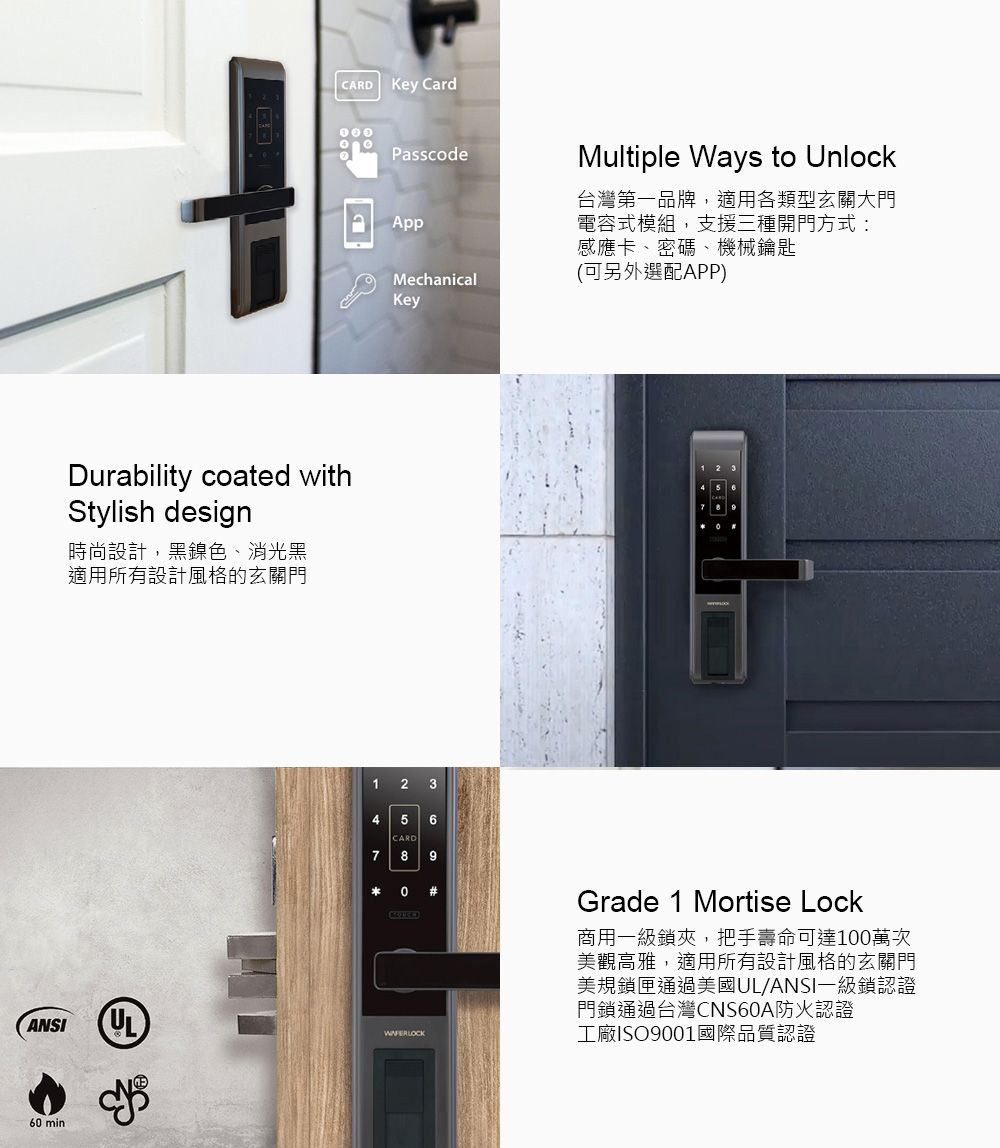 CARD Key CardPasscodeAppMechanicalKeyMultiple Ways to Unlock台灣第一品牌,適用各類型玄關大門電容式模組,支援三種開門方式:感應卡、密碼、機械鑰匙(可另外選配APP)Durability coated withStylish design時尚設計,黑鎳色、消光黑適用所有設計風格的玄關門1 23456CARD78ANSI60 minUL0 #Grade 1 Mortise Lock商用一級鎖夾,把手壽命可達100萬次美觀高雅,適用所有設計風格的玄關門美規鎖匣通過美國UL/ANSI一級鎖認證門鎖通過台灣CNS60A防火認證工廠ISO9001國際品質認證