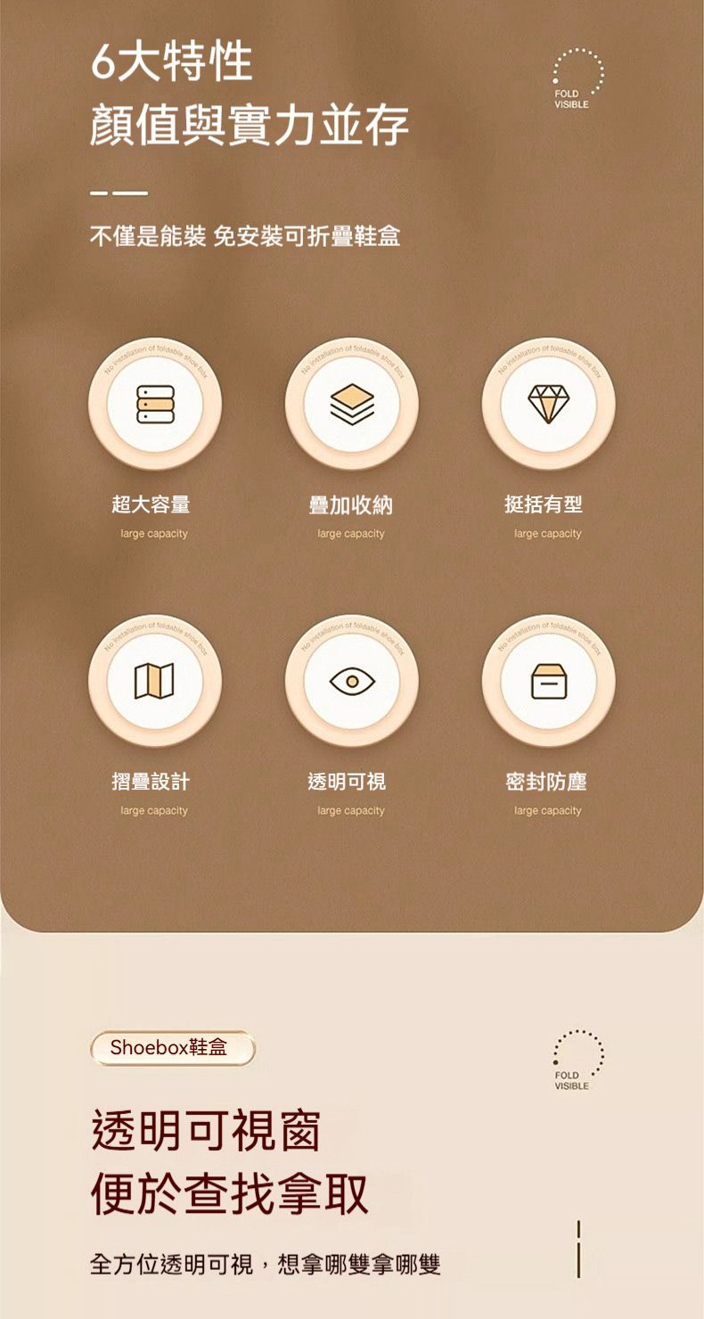 6大特性顏值與實力並存FOLVISIBLE不僅是能裝 免安裝可折疊鞋盒           超大容量疊加收納lrge capacity  of  alarge capacity    挺括有型large capacity   of  D摺疊設計透明可視密封防塵large capacitylarge capacitylarge capacityShoebox鞋盒透明可視窗便於查找拿取全方位透明可視,想拿哪雙拿哪雙FOLDVISIBLE
