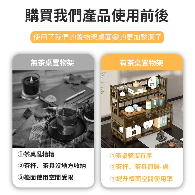 購買我們產品使用前後使用了我們的置物架桌面變的更加整潔了無茶桌置物架有茶桌置物架茶桌亂糟糟365②茶杯、茶具地方收納③檯面使用空間受限①茶桌整潔有序②茶杯、茶具都歸處③提升檯面空間使用率