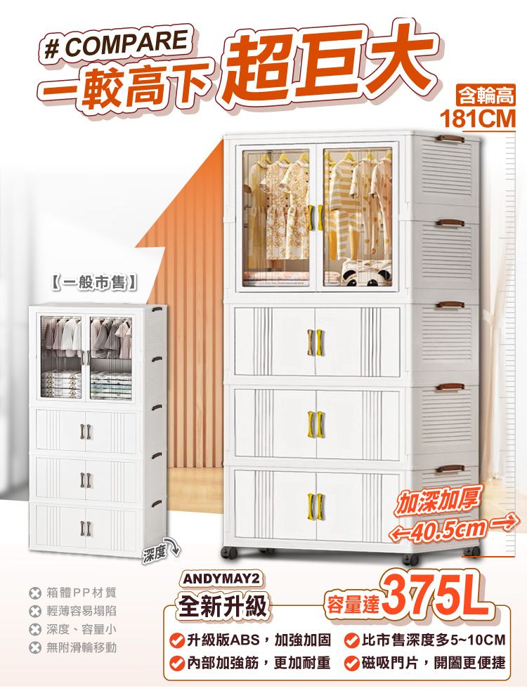 # COMPARE較高超巨大含輪高181CM【市售ANDYMAY2全新升級 箱體PP材質 輕薄容易塌陷• 深度、容量小 升級版ABS,加強加固 無附滑輪移動內部加強筋,更加耐重加深加厚容量達比市售深度多5~10CM磁吸門片,開闔更便捷