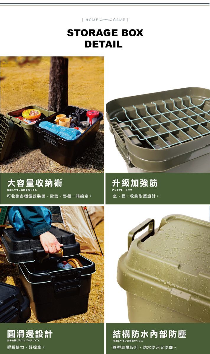HOME STORAGE BOXDETAIL大容量收納術しやすいボックス可收納各種露營裝備,露營、野餐一箱搞定。升級加強筋坐、提、收納耐重設計。圓滑邊設計丸みをびたエッジのデザイン輕鬆使力,好提拿。結構防水內部防塵しやすい大量ボックス蓋型結構設計,防水防污又防塵。