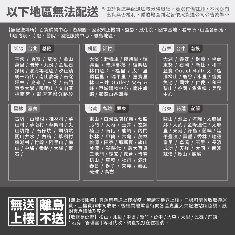 以下地區無法配送由於貨運無配送區域分得很細,若沒有備註到,本司保有出貨與否權利,偏遠地區判定皆依照貨運公司公告為準※【無配送場所】百貨購物中心、遊樂園、國家矯正機、監獄、感院、國軍基地、看守所、區各部落、山區路段、寺廟、醫院、國道服務中心、離島地區。新北 台北 基隆桃園 新竹苗栗 台中投溪貢寮雙溪金山萬瑞芳九份金瓜猴硐濱海等地區汐止鎮統一時代南山廣場石碇坪林 烏來三芝  石門吳大學/ 陽明山 / 文山區指南宮 / 新店區部分路段雲林 嘉義古坑山峰村/桂林村/華山村/華南村/華村/尖山坑路/石仔坑 / 圳頭坑關山井水/內館/草嶺村樟湖村/竹崎/ 阿山 / 梅山 / 中 / 路 / 大埔 / 東石 /大溪新峰里/ 復興里 / 瑞興里 /崁津部落/復興區林口區:下福里 / 太平里頂福里 / 瑞平里 / 嘉寶里林口三井 Outlet/ 尖石 五峰/巨城購物中心 / 南庄峨嵋 / 獅頭山各廟寺台南 高雄 屏東東山 / 白河區關仔嶺/七股北門/大內/玉井/左鎮楠西 / 南化 / 龍崎 / 內門杉林/甲仙/六龜/ 茂林桃源/田寮/那瑪夏/旗山美濃 / 夢時代/義大百貨三地門/瑪家/霧台/恆春枋山/車城/牡丹/滿州春日 / 獅子 /  / 泰武琉球/高樹大湖 / 泰安 / 獅潭 / 卓蘭東勢 / 石岡 / 新社/ 和平麗寶 Outlet Mall/太平區酒桶山/鹿/ 水里 / 信義魚池/ 國姓/仁愛 / 和平梨山 / 谷關 / 集集鎮:兵整中心台東 花蓮 宜蘭關山/池上/海端 / 太麻里鄉 / 大武/金峰達仁/太麻里 /  / 綠島 / 蘭嶼 / 延平豐濱/壽豐/秀林/瑞穗 /  /  / 長濱成功/ 天祥/ 大同/南澳蘇澳 / 員山 / 頭城無送 離島|上樓 不送【無上樓服務】貨運皆無送上樓服務,若請司機送上樓,司機可能會收取搬運費,上樓費非本司收取,後續問題需自行向各區嘉里大榮配送站所協調,感謝客戶體諒及配合。【收送易延遲】松山/北投/中壢/新竹/台中/大屯/大里/民雄/前鎮若有[管理室]等可代收,請直接打在住址後。