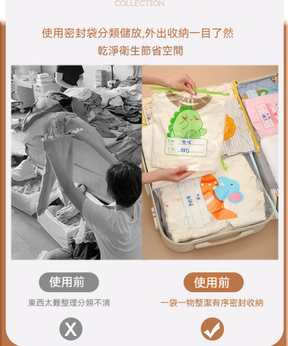 COLLECTION使用密封袋分類儲放,外出收納一目了然乾淨衛生節省空間使用前日期:435使用前東西太難整理分類不清一袋一物整潔有序密封收納