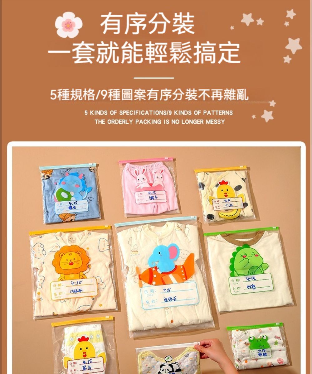 有序分裝一套就能輕鬆搞定5種規格/9種圖案有序分裝不再雜亂5 KINDS OF SPECIFICATIONS/9 KINDS OF PATTERNSTHE ORDERLY PACKING IS NO LONGER ESSY 日期 日期:M: