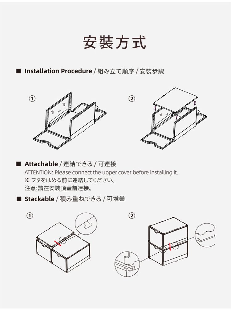 方式 Installation Procedure / 組み立て順序 / 安裝步驟① Attachable / 連結できる/可連接ATTENTION: Please connect the upper cover before installing it.フタをはめる前に連結してください。注意:請在安裝頂蓋前連接。 Stackable / 積み重ねできる / 可堆疊