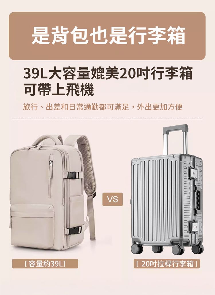 是背包也是行李箱39L大容量媲美20行李箱可帶上飛機旅行、出差和日常通勤都可滿足,外出更加方便VS[容量約39L][20拉桿行李箱]