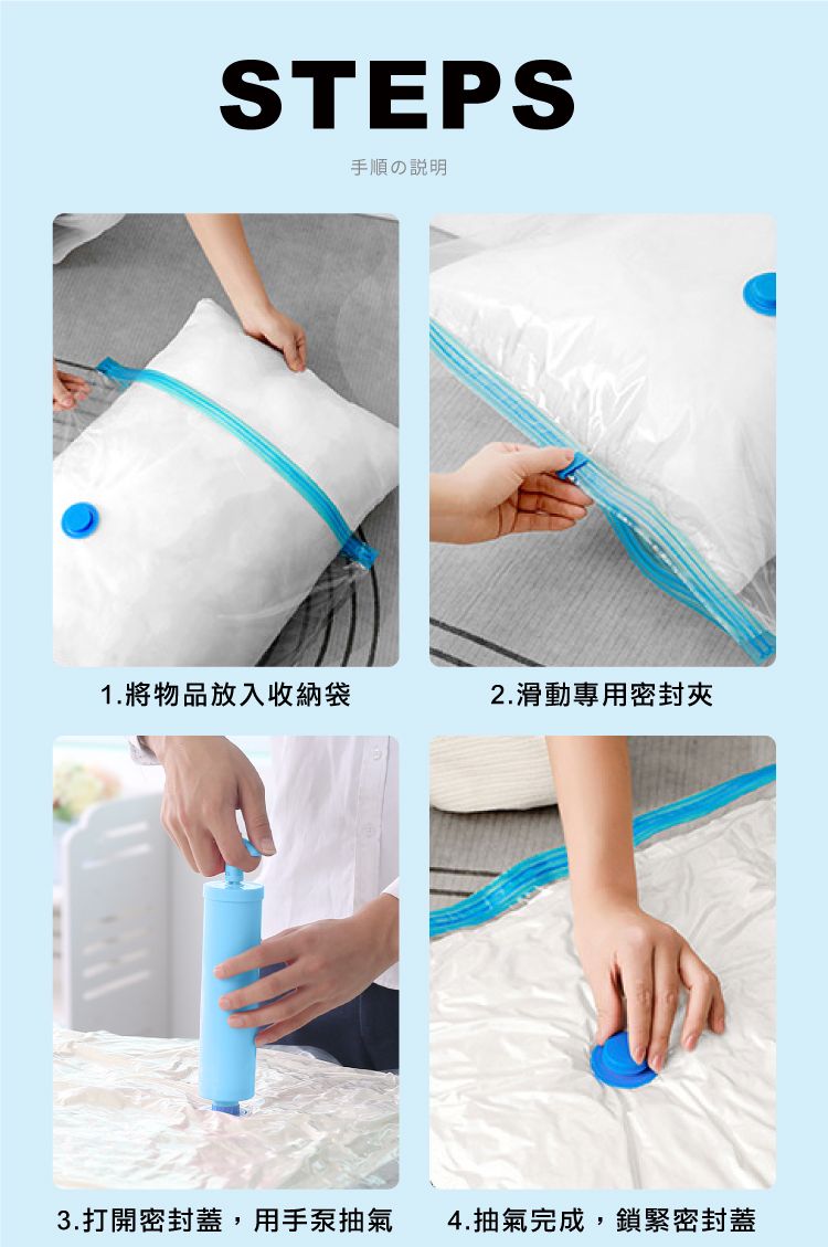 STEPS手順の説明1.將物品放入收納袋2.滑動專用密封夾3.打開密封蓋,用手泵抽氣 4.抽氣完成,鎖緊密封蓋