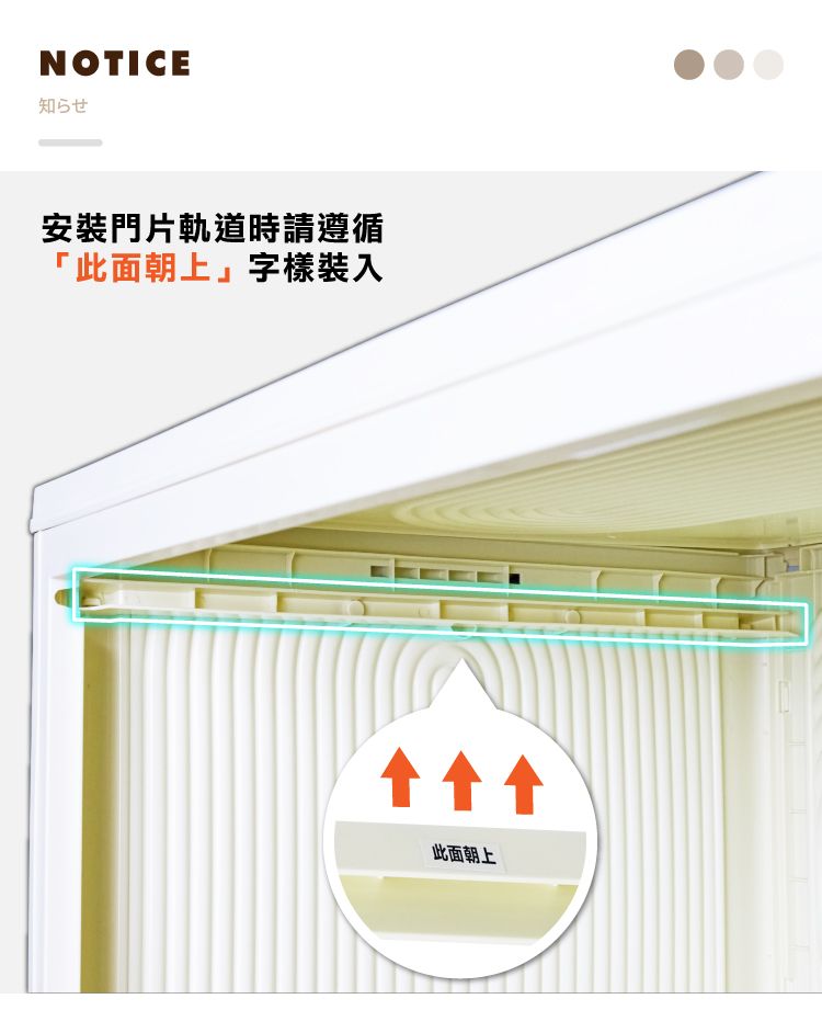 NOTICE知らせ安裝門片軌道時請遵循「此面朝上」字樣裝入此面朝上