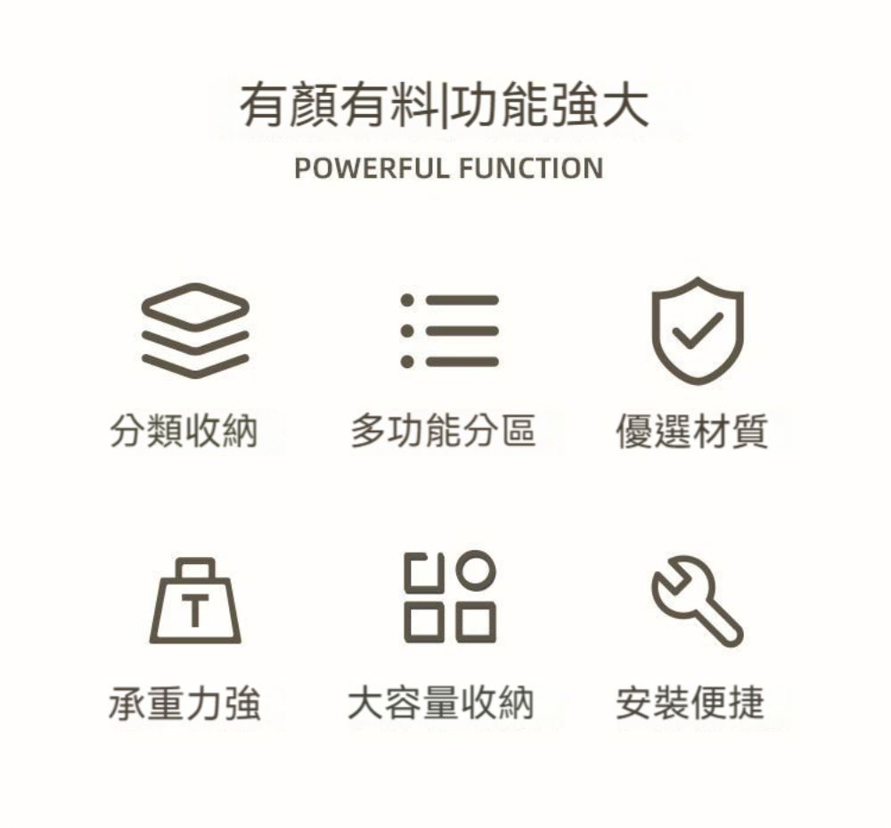有顏有料功能強大POWERFUL FUNCTION分類收納多功能分區優選材質T承重力強大容量收納安裝便捷