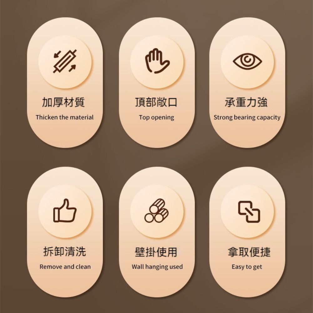 加厚材質頂部敞口Thicken the materialTop opening承重力強Strong bearing capacity拆卸清洗壁掛使用拿取便捷Remove and cleanWall hanging usedEasy to get