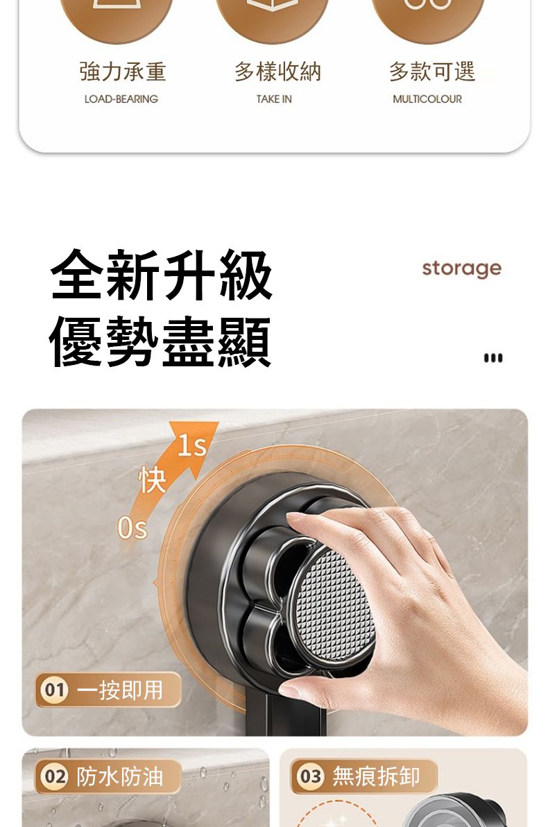 強力承重多樣收納LOAD-BEARINGAKE IN多款可選MULTICOLOUR全新升級storage優勢盡顯快 一按即用 防水防油 無痕拆卸 T