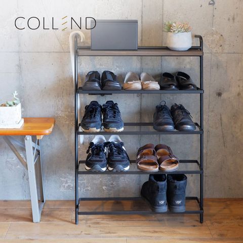 【日本COLLEND】IRON 實木鋼製靠牆四層收納鞋架