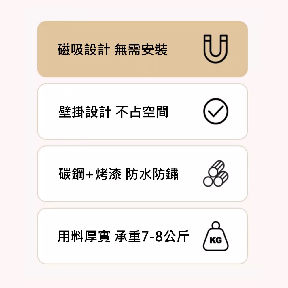 磁吸設計 無需安裝壁掛設計 不占空間碳鋼+烤漆 防水防鏽用料厚實 承重7-8公斤KG