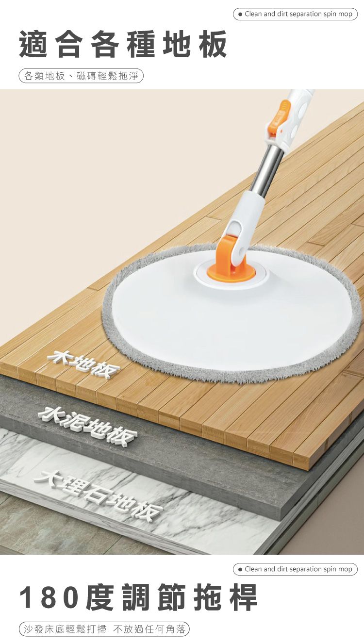 適合各種地板各類地板、磁磚輕鬆拖淨Clean and dirt separation spin mop木地板水泥地板大理石地板180度調節拖桿沙發床底輕鬆打掃 不放過任何角落,Clean and dirt separation spin mop