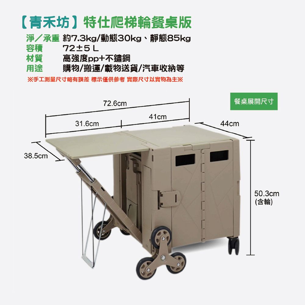 【青禾坊特仕爬梯輪餐桌版淨/承重 約7.3kg/動態30kg、靜態85kg容積材質用途72±5L高強度pp不鏽鋼購物/搬運/載物送貨/汽車收納等※手工測量尺寸略有 標示僅供參考實際尺寸以實物為主※72.6cm餐桌展開尺寸38.5cm41cm31.6cm+44cm50.3cm(含輪)