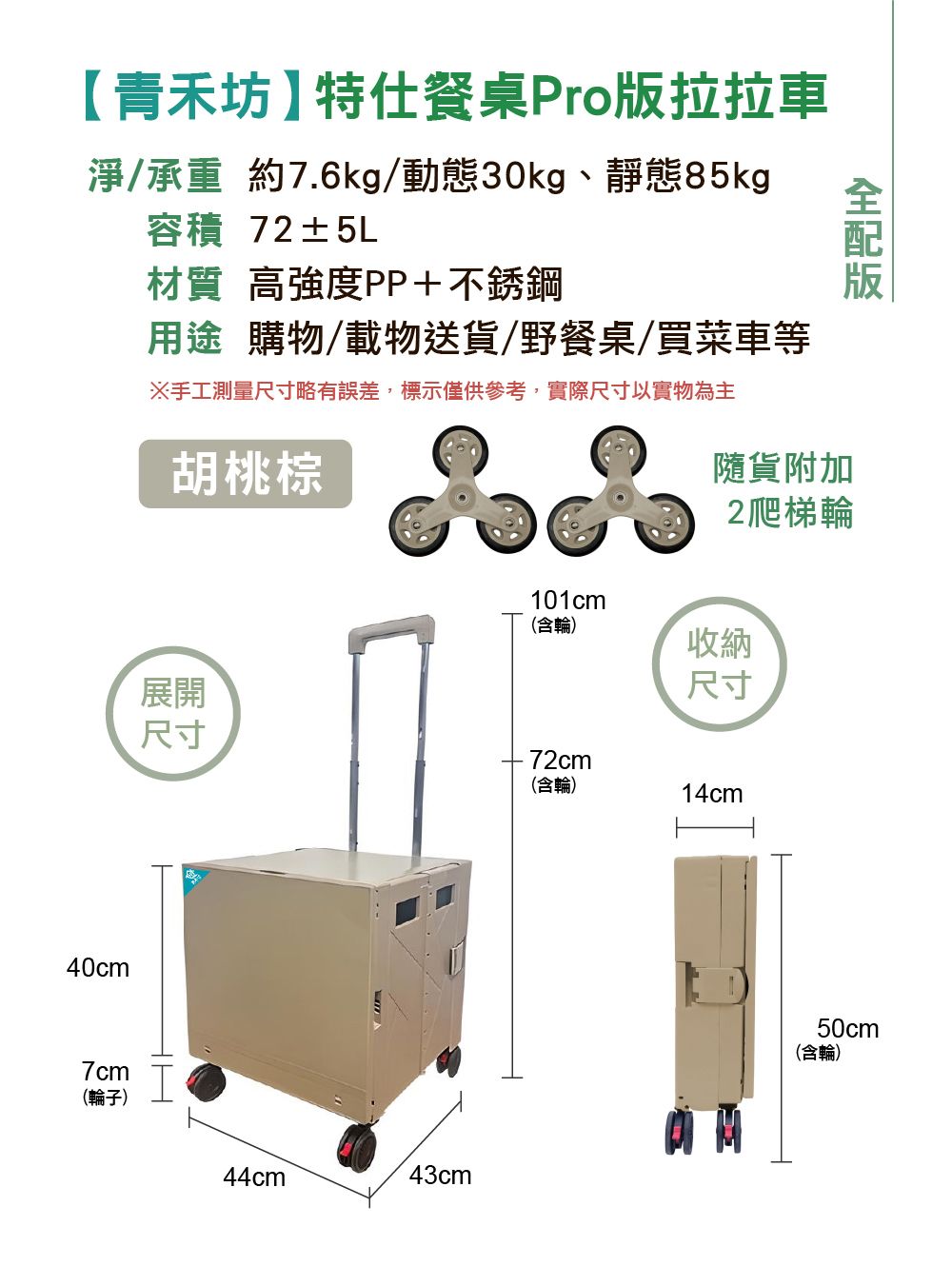 青禾坊特仕餐桌Pro版拉拉車淨/承重 約7.6kg/動態30kg、靜態85kg容積 72±5L材質 高強度PP+不銹鋼用途 購物/載物送貨/野餐桌/買菜車等※手工測量尺寸略有誤差,標示僅供參考,實際尺寸以實物為主胡桃棕隨貨附加2爬梯輪101cm(含輪)收納展開尺寸尺寸72cm(含輪)14cm40cm7cm(輪子)44cm43cm50cm(含輪)