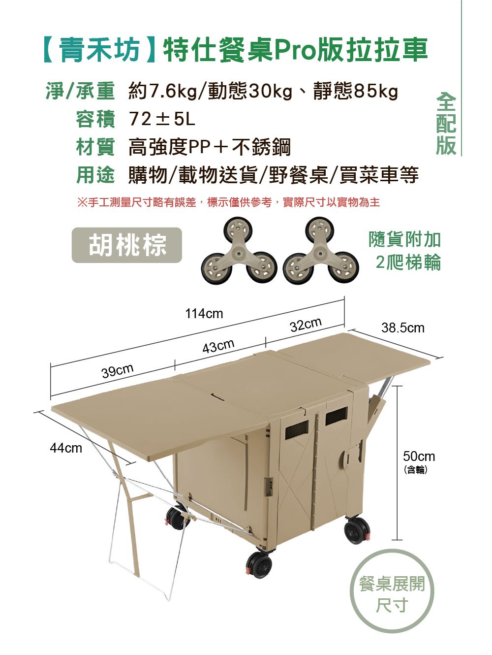 青禾坊特仕餐桌Pro拉拉車淨/承重 約7.6kg/動態30kg、靜態85kg容積 72±5L材質 高強度PP+不銹鋼用途 購物/載物送貨/野餐桌/買菜車等※手工測量尺寸略有誤差,標示僅供參考,實際尺寸以實物為主胡桃棕隨貨附加2爬梯輪版44cm114cm32cm43cm39cm38.5cm50cm(含輪)餐桌展開尺寸